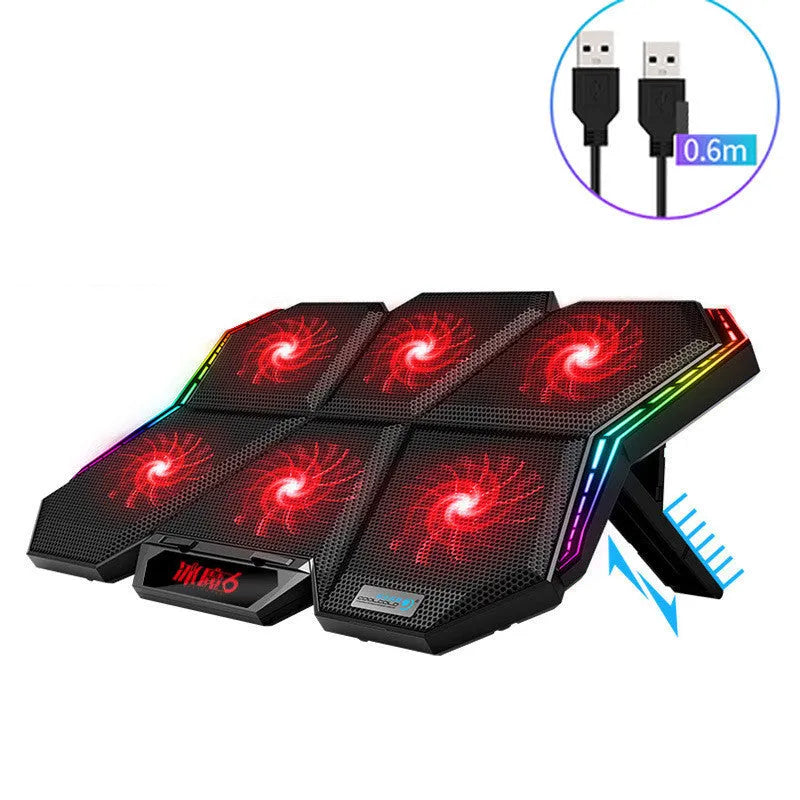 Black and red Ice Magic 6 laptop cooling pad with six fans, USB cable, and speed controls.