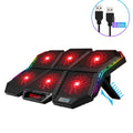 Black and red Ice Magic 6 laptop cooling pad with six fans, USB cable, and speed controls.