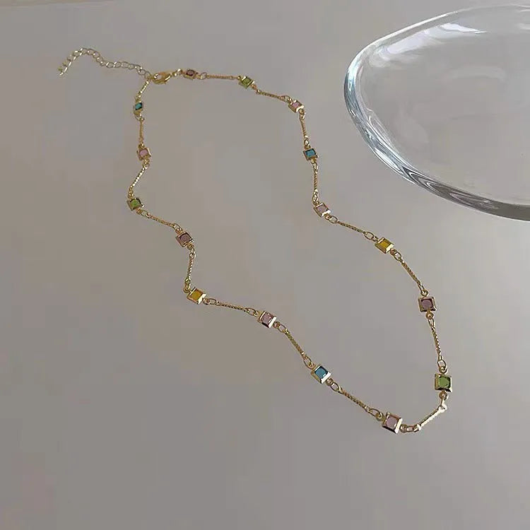 Square artificial crystal geometric clavicle chain necklace with gold plating