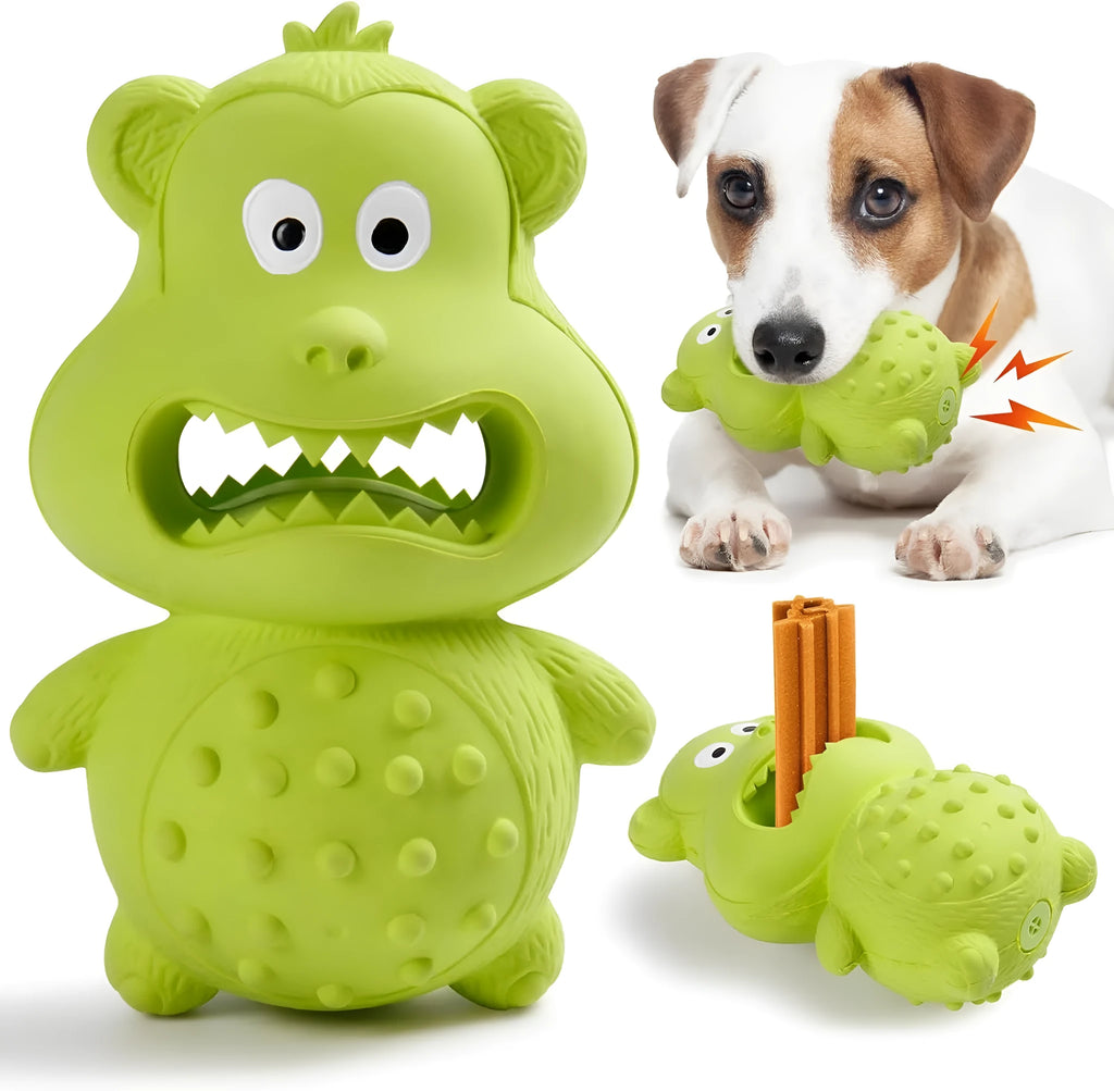Green and yellow natural rubber squeaky dog toy with thick textured surface for aggressive chewers