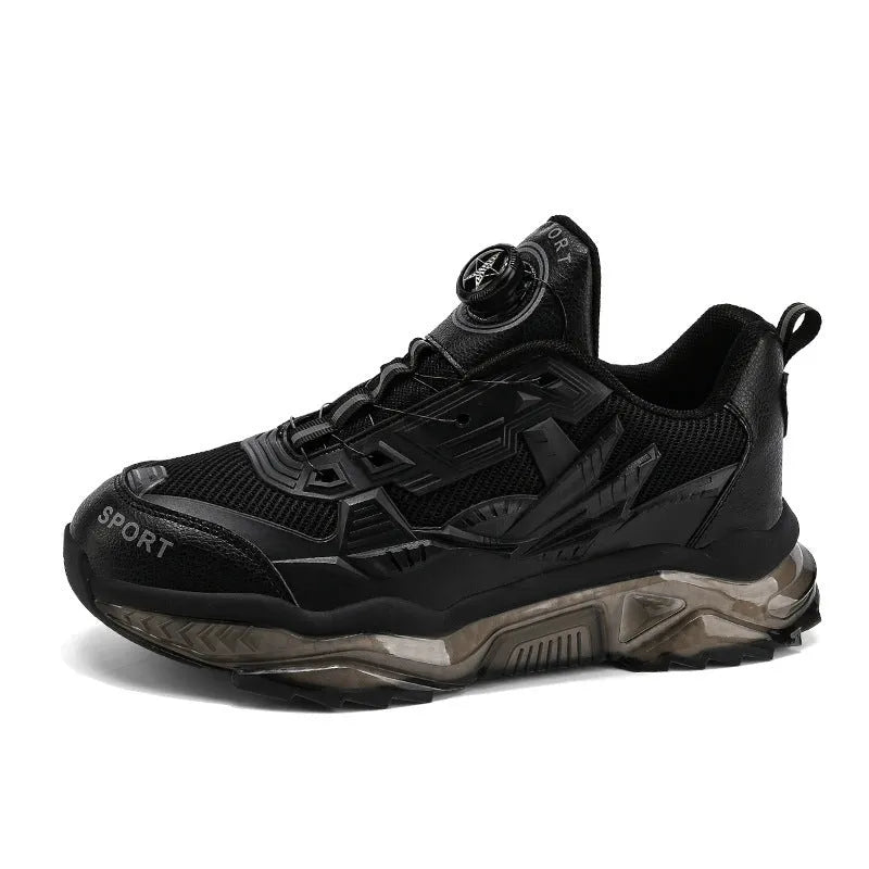 Men's black rotating button platform casual sneakers with mesh upper on a rubber sole.