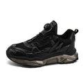 Men's black rotating button platform casual sneakers with mesh upper on a rubber sole.