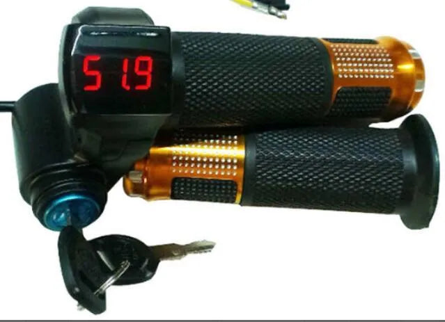 Electric vehicle handlebar grip in blue, red, silver, and yellow colours, showing 5-core wiring connector.
