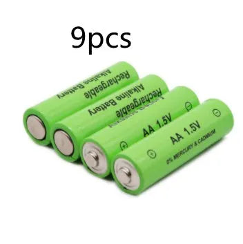 Alkaline rechargeable AA battery with 3000mAh capacity and 1.5V output, shown in green casing.