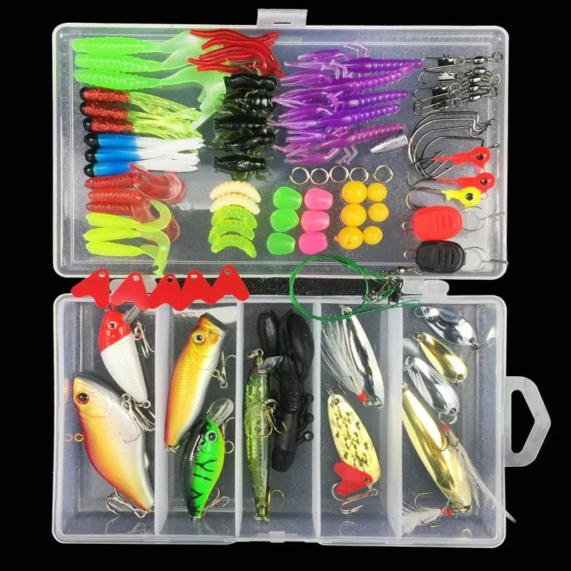 Junior fishing lure suit with PP plastic box containing soft plastic baits including colour thread Lei frog lures