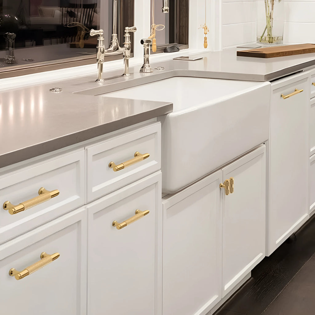 Brushed brass aluminium alloy wardrobe handle with light luxury finish showing hole spacing options for cabinet doors