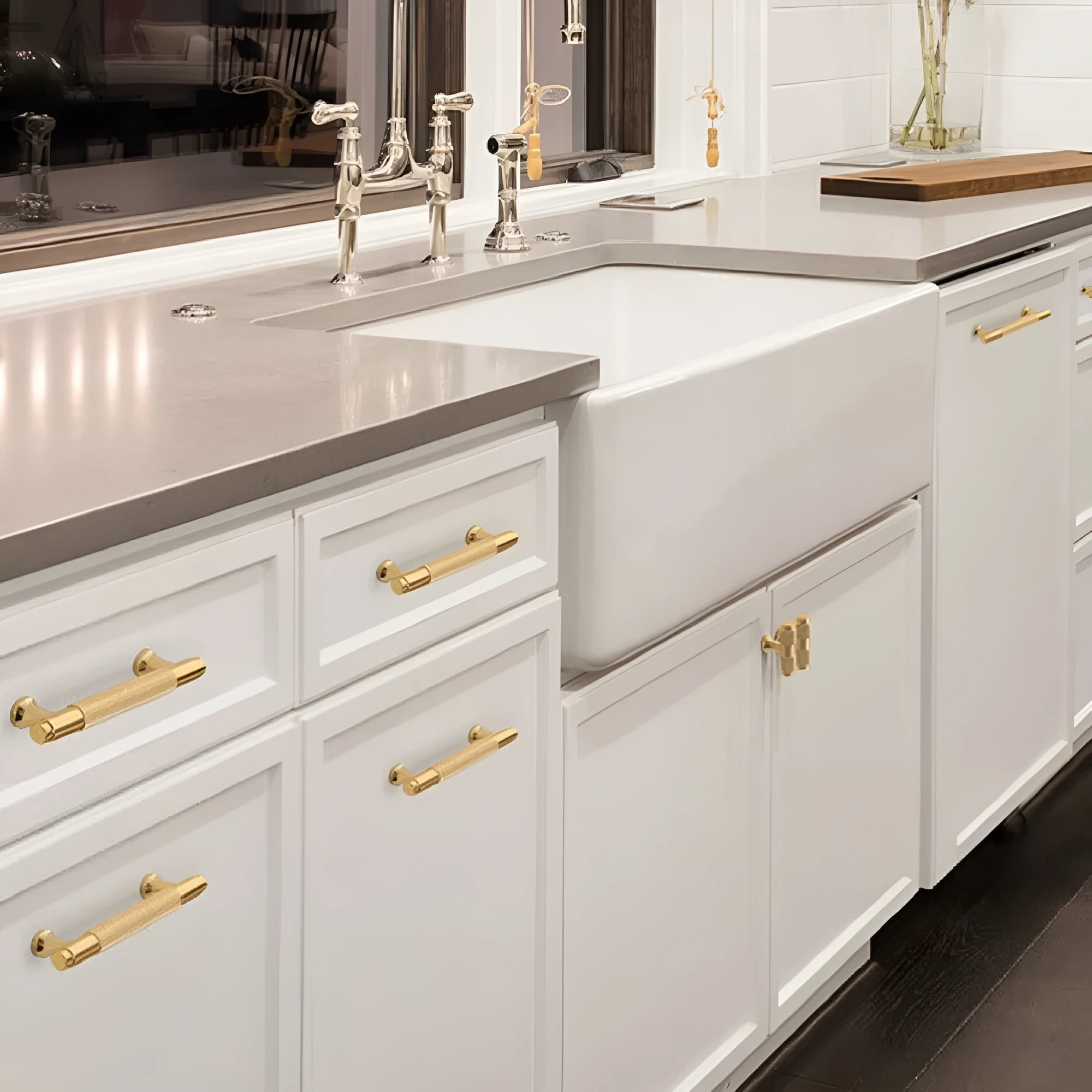Brushed brass aluminium alloy wardrobe handle with light luxury finish showing hole spacing options for cabinet doors