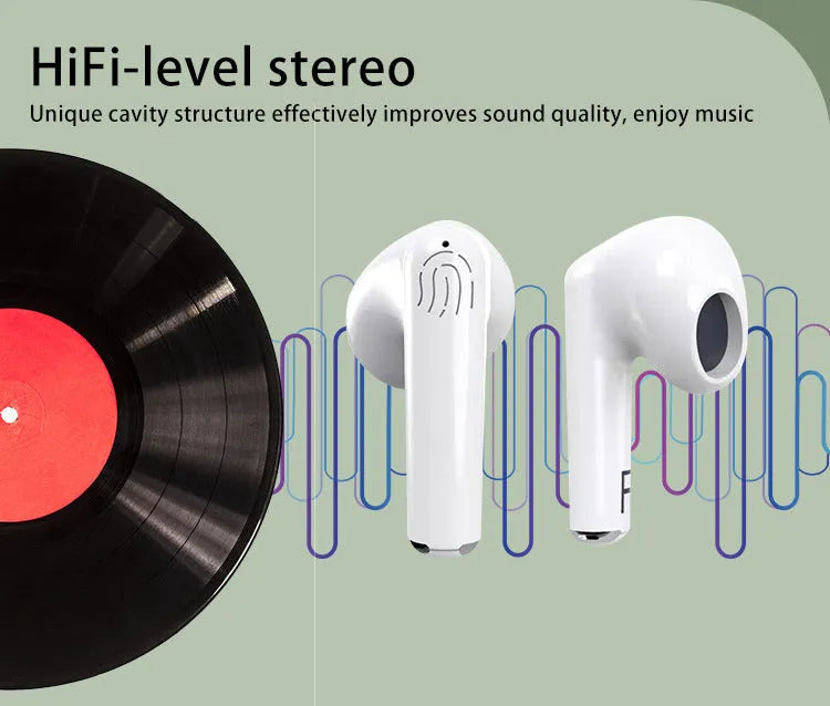 White wireless Bluetooth earphones with a semi-in-ear design and a charging case on a white background.
