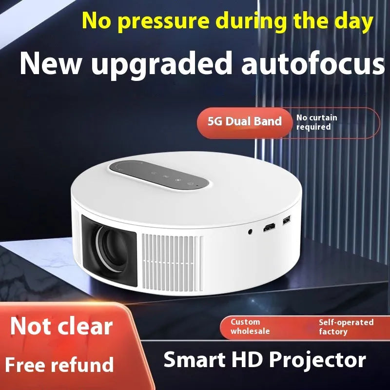 White HD home theatre projector with remote control on dark background