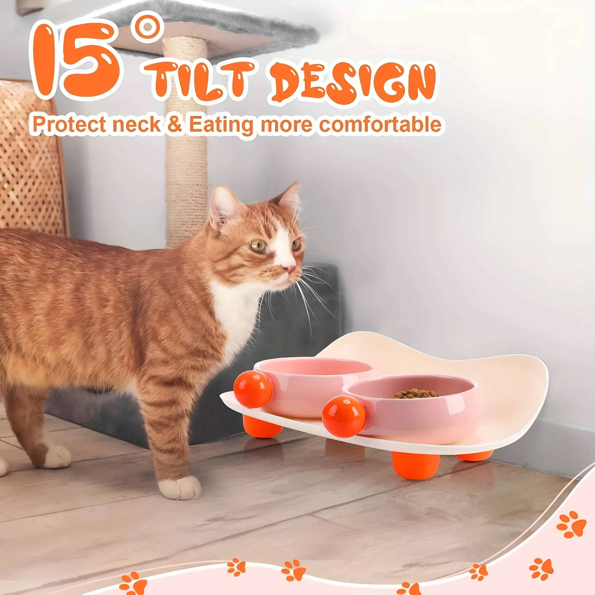 Elevated double ceramic pet bowl set in pink or yellow with non-slip base for cats and small dogs