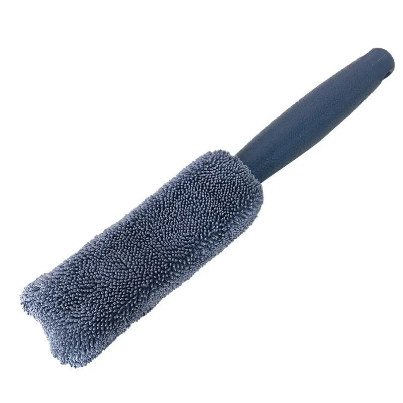 Blue microfiber car tyre brush with long 29 cm handle for wheel cleaning