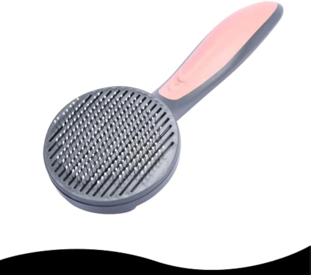Self cleaning slicker brush for cats and dogs with non-slip handle in grey green or pink removing loose fur