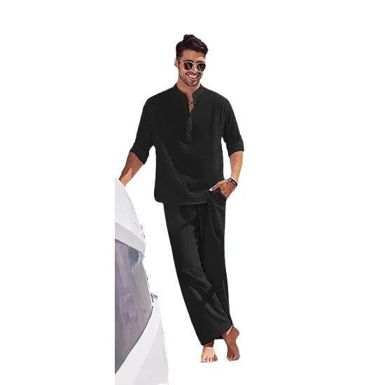 Men's cotton casual suit in solid colour with long sleeves and trousers for leisure wear