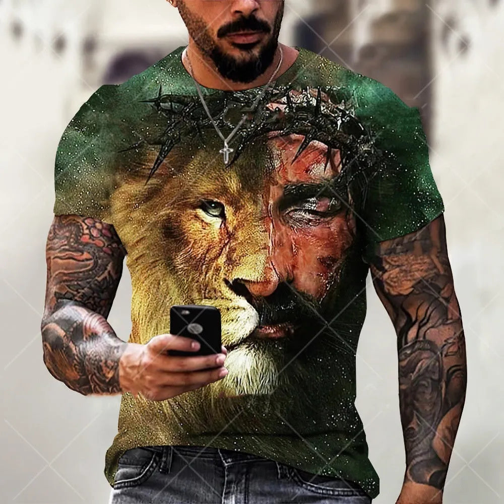 Men's grey T-shirt with 3D printed Jesus pattern design, short sleeves, casual wear