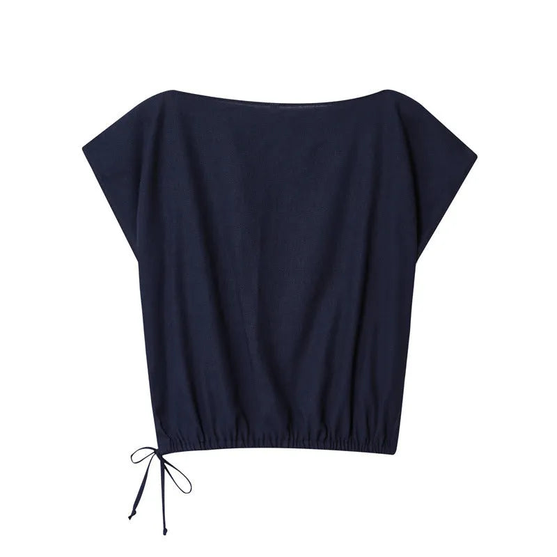 Women off-neck flounced sleeve linen blend shirt top and wide leg trousers two piece set in temperament commute style