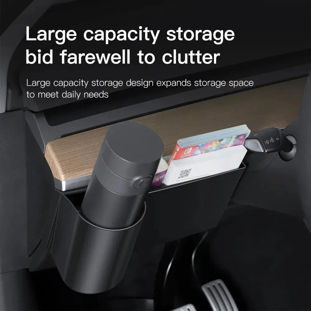 Plastic Tesla Model 3 and Y dashboard cup holder with a handle for left-hand drive cars.