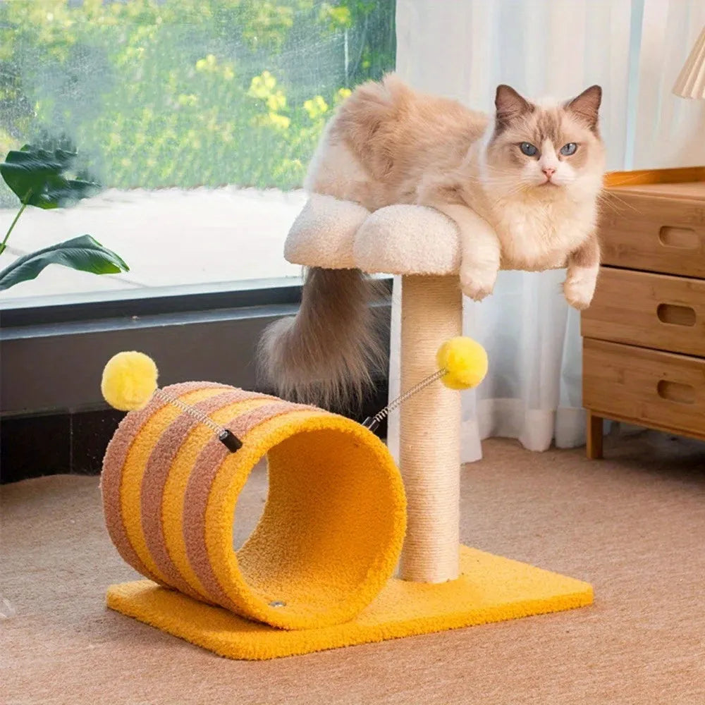 Yellow bee-shaped cat climbing frame with sisal scratching post and integrated play tunnel.