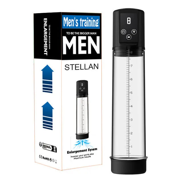 Male masturbator with electric pump for negative pressure stretching, made from ABS and TPE materials.
