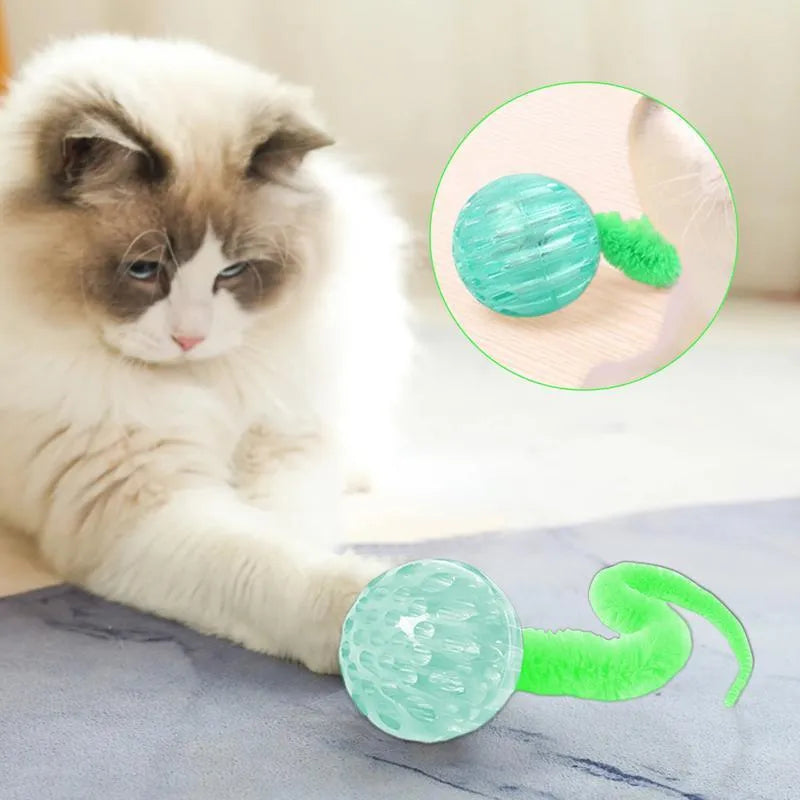 Interactive bouncy ball cat toy with worm tail in green, pink, or purple colours