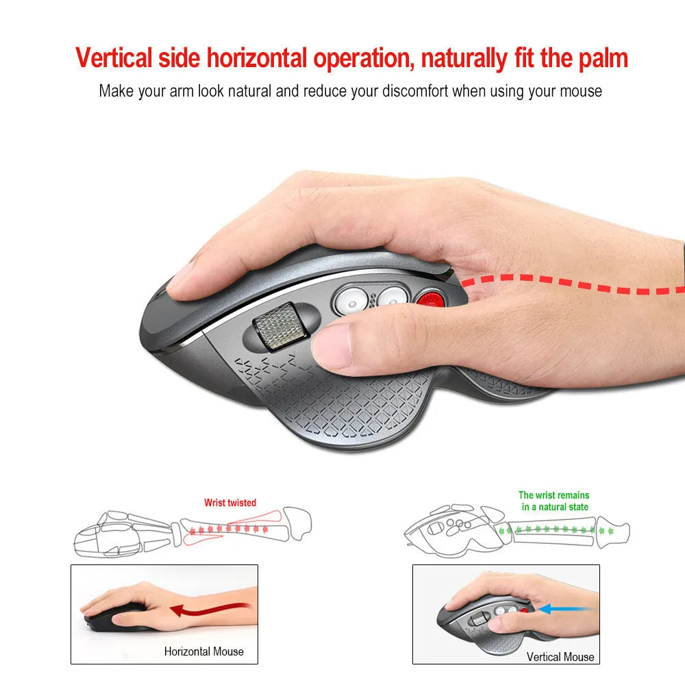 T32 Black and Silver wireless vertical ergonomic mouse with aluminium side roller on desk