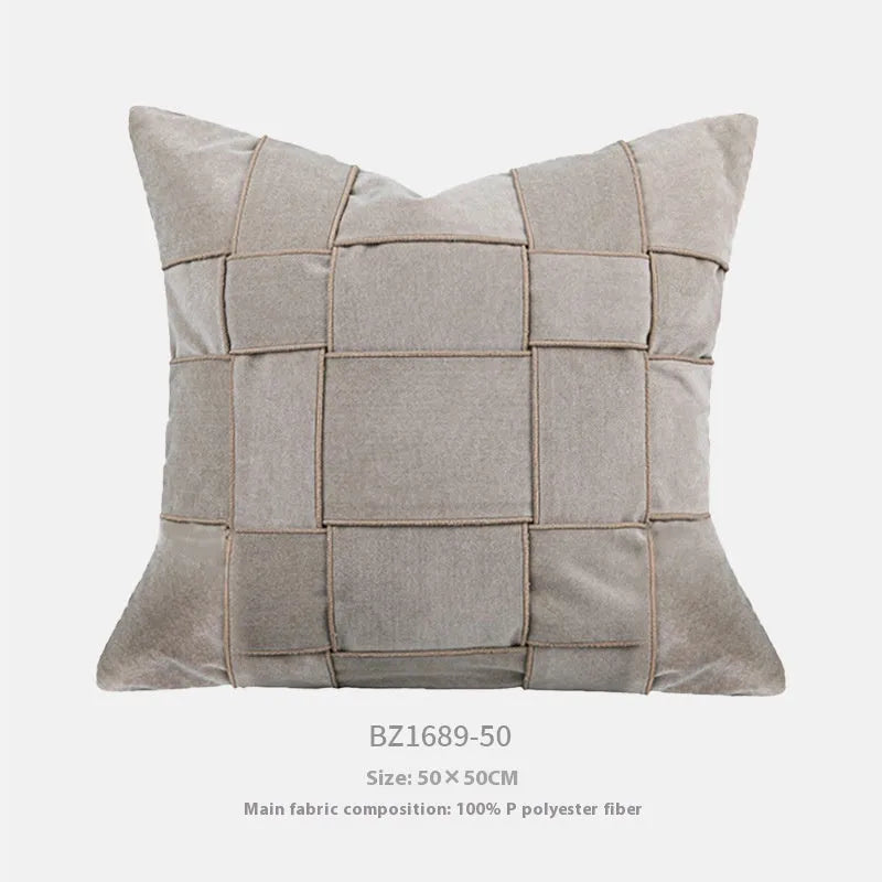 Square 50x50cm chenille woven cushion in a choice of colours like retro green or beige, shown on a sofa.
