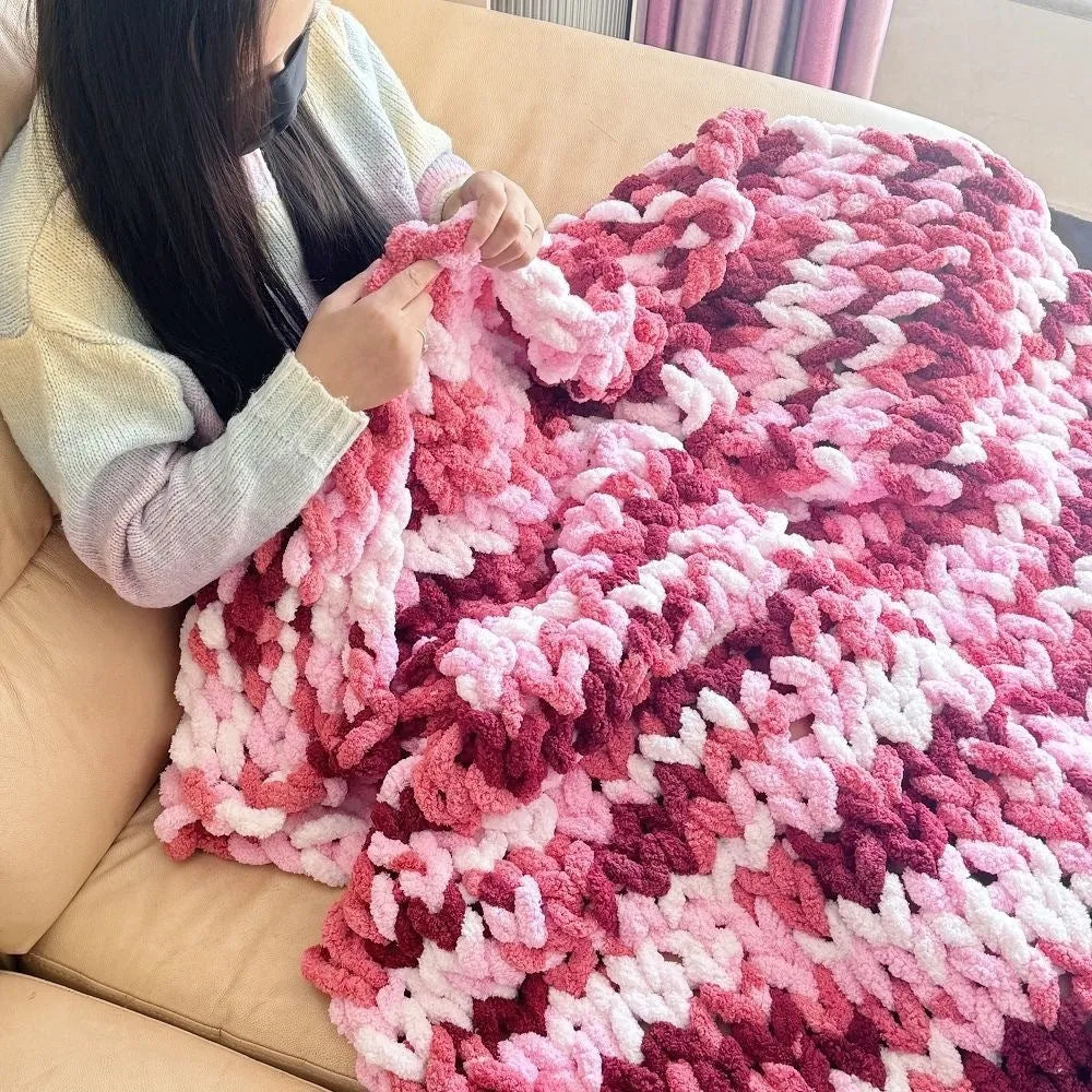 Coarse yarn chenille knitted blanket with braided gravity edge in modern simplicity style