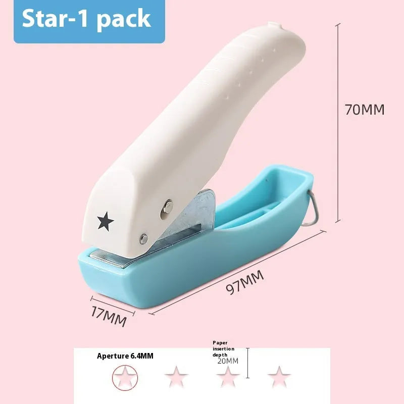 Small manual punching machine with four metal dies: love heart, star, 4mm round, and 6mm round hole.