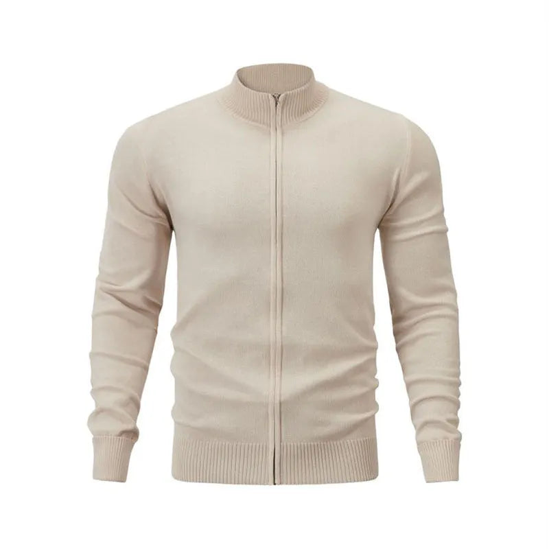 Man wearing a dark grey zip-front stand collar casual cotton cardigan