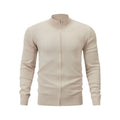 Man wearing a dark grey zip-front stand collar casual cotton cardigan