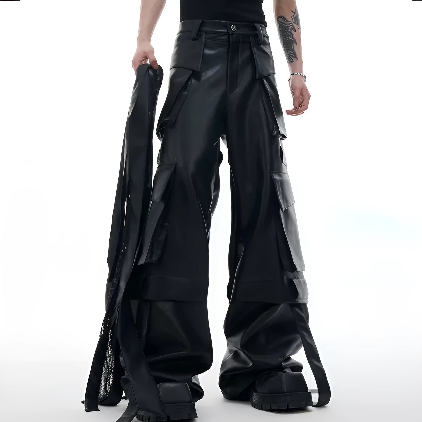 Black loose-fit retro trousers with quilted stitching pattern, multiple pockets, and ribbon trim detail.