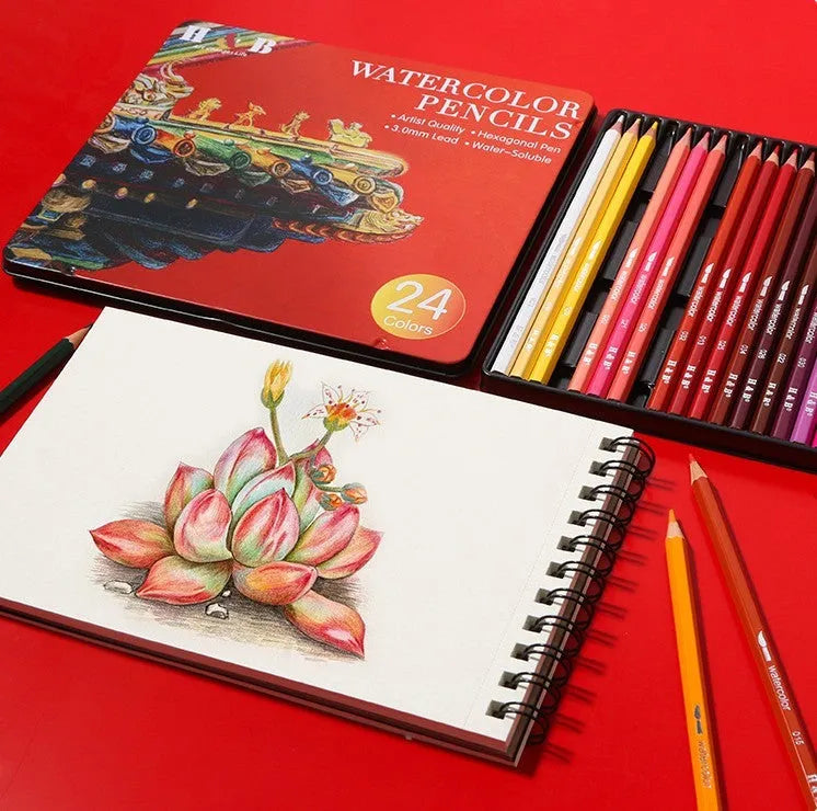 Metal tin box open to show 24 water-soluble coloured pencils in various colours