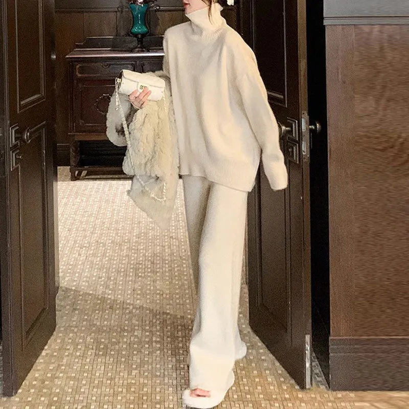Women's casual two-piece set with acrylic sweater and wide-leg trousers in solid colour
