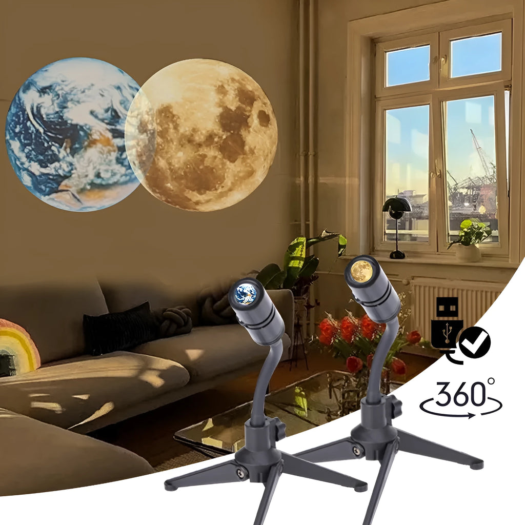 USB-powered Earth and Moon projection lamp with flexible hose bracket on a wooden table.