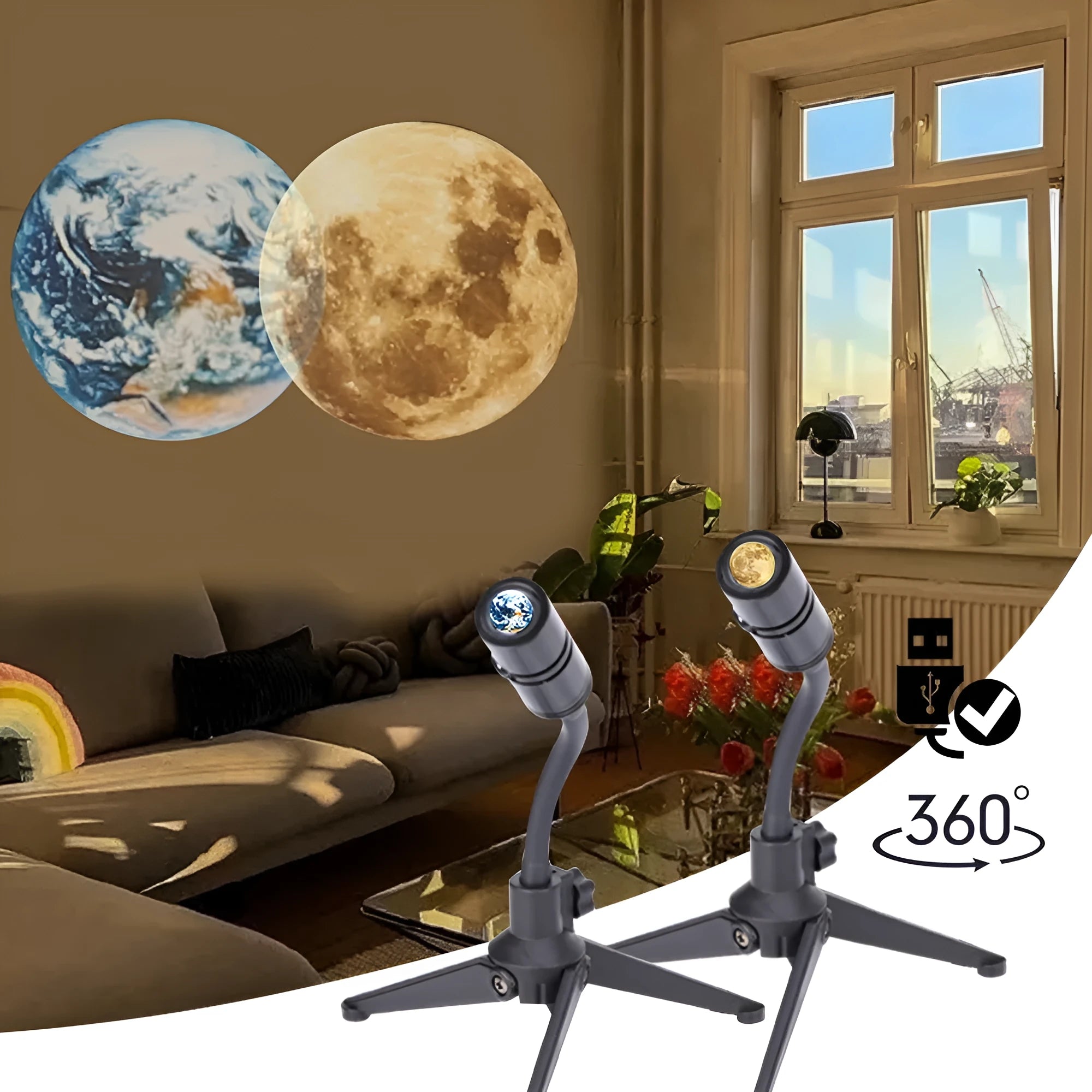 USB-powered Earth and Moon projection lamp with flexible hose bracket on a wooden table.