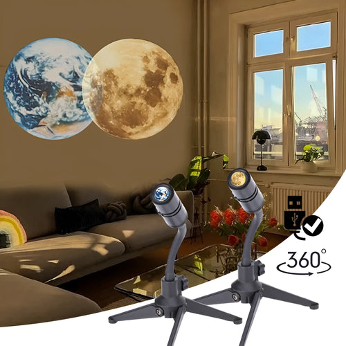 USB-powered Earth and Moon projection lamp with flexible hose bracket on a wooden table.
