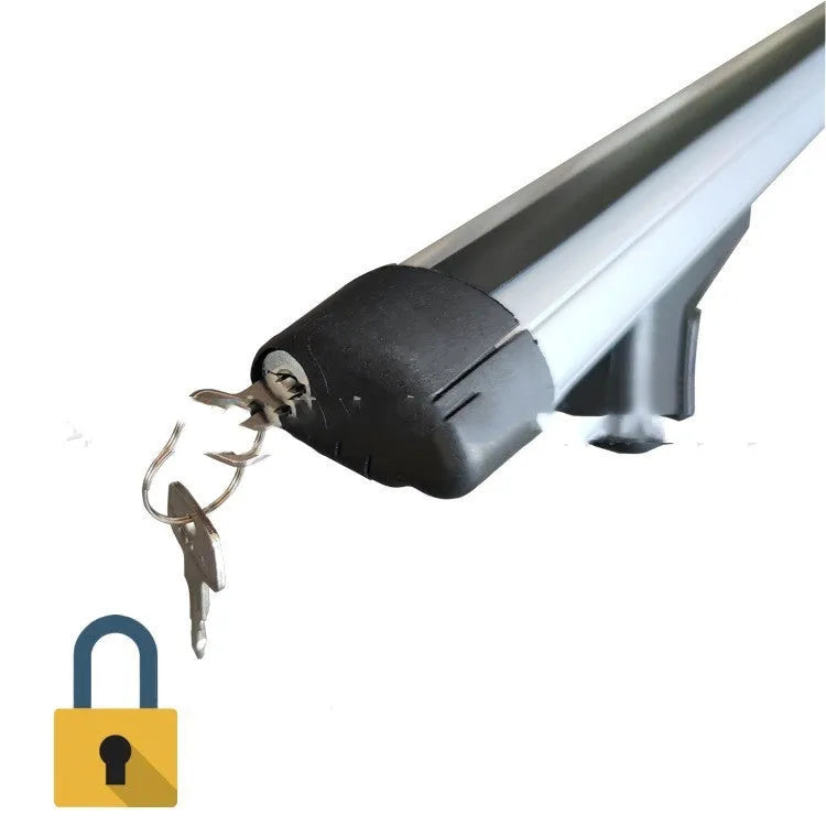 Alloy roof rack crossbar kit for General Motors SUV on vehicle roof, showing adjustable width.