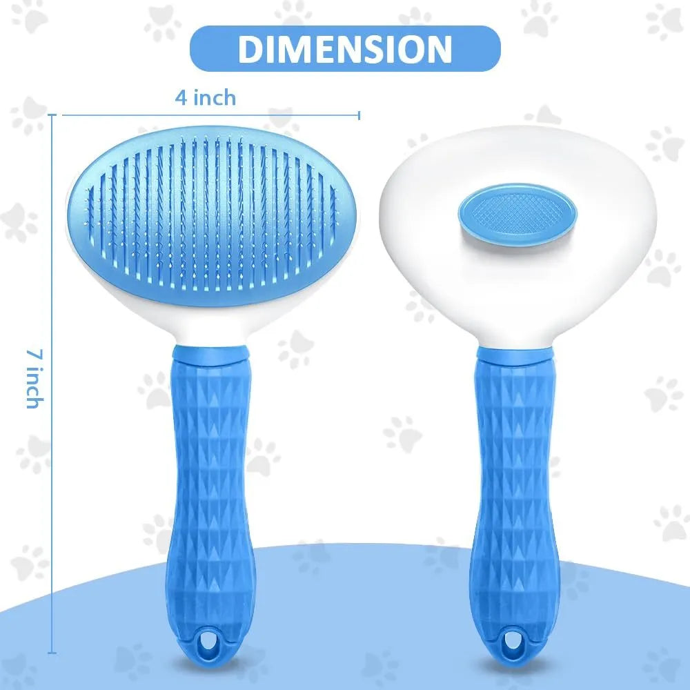 Cat grooming brush with release button in blue, grey, or pink, showing fine wire bristles