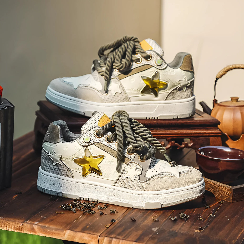 Leather platform running shoes with round toe and lace-up design in West Lake dragon well tea colour