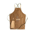 Han style canvas apron with cross-back straps in solid camel colour for cafe baking work