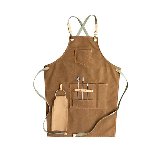 Han style canvas apron with cross-back straps in solid camel colour for cafe baking work
