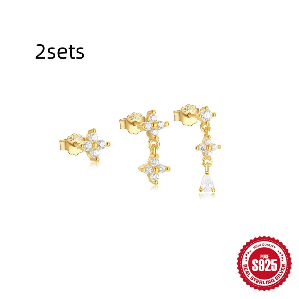 S925 sterling silver geometric zircon tassel earrings for women, three-piece set in gold colour options