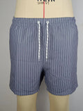 Men's striped polyester beach shorts in grey, shown with a straight leg fit and triangle lining detail.