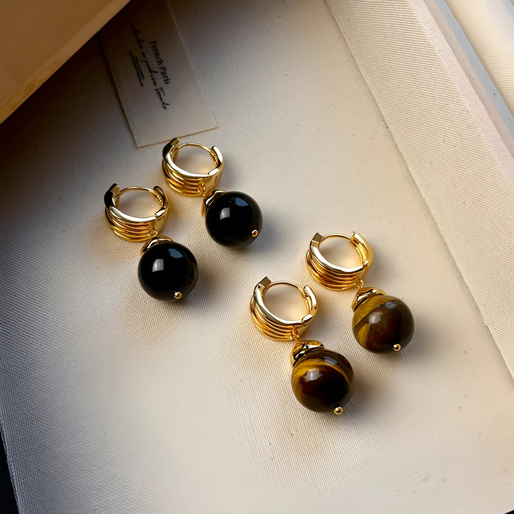 Tigereye stone geometry earrings with gold plating in brown and black French retro style