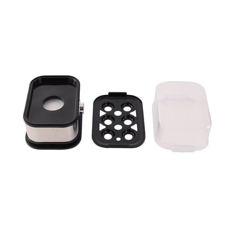 Black stainless steel portable egg boiler with UK plug and travel belt