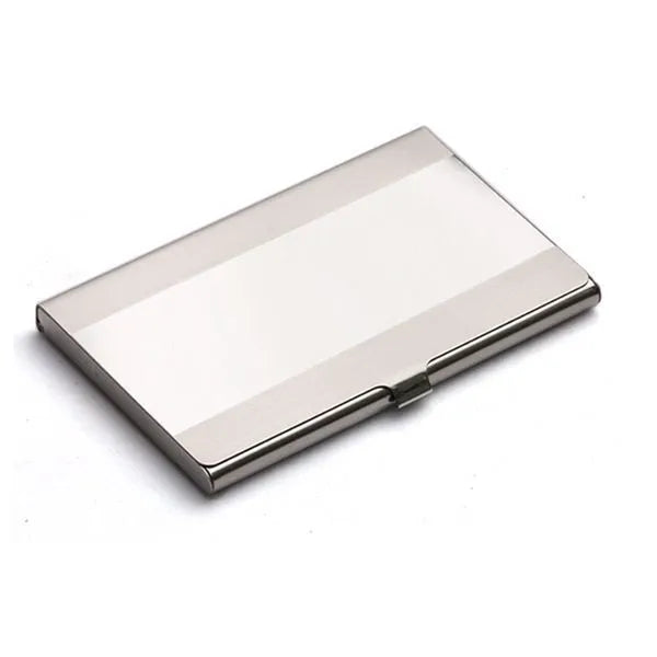 304 stainless steel business card case with laser sculpture geometry, mirror strip, and brush finish measuring 92.5mm