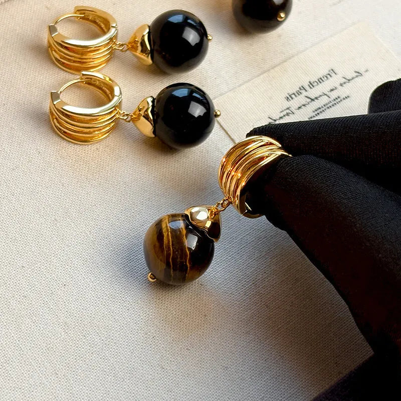 Tigereye stone geometry earrings with gold plating in brown and black French retro style