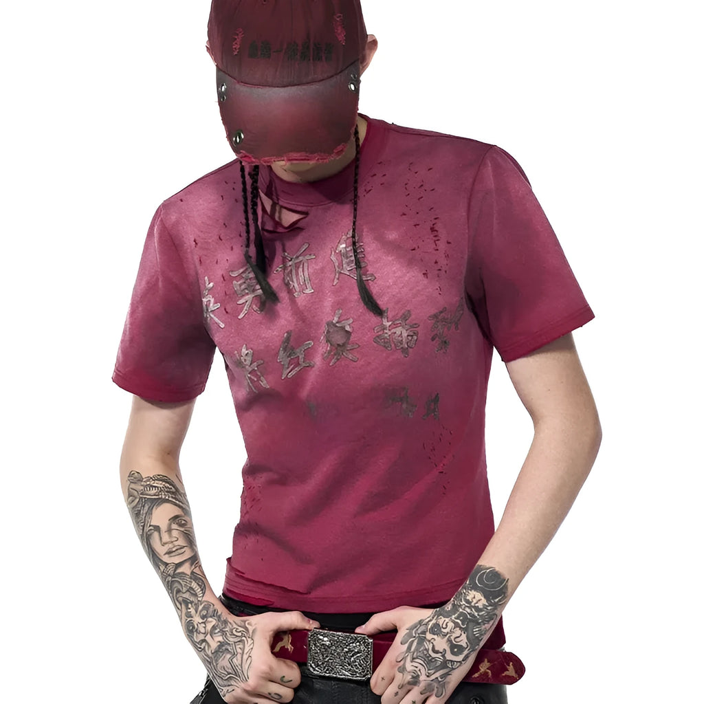 Men's red slim-fit t-shirt with distressed spray wash design and short sleeves