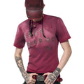 Men's red slim-fit t-shirt with distressed spray wash design and short sleeves