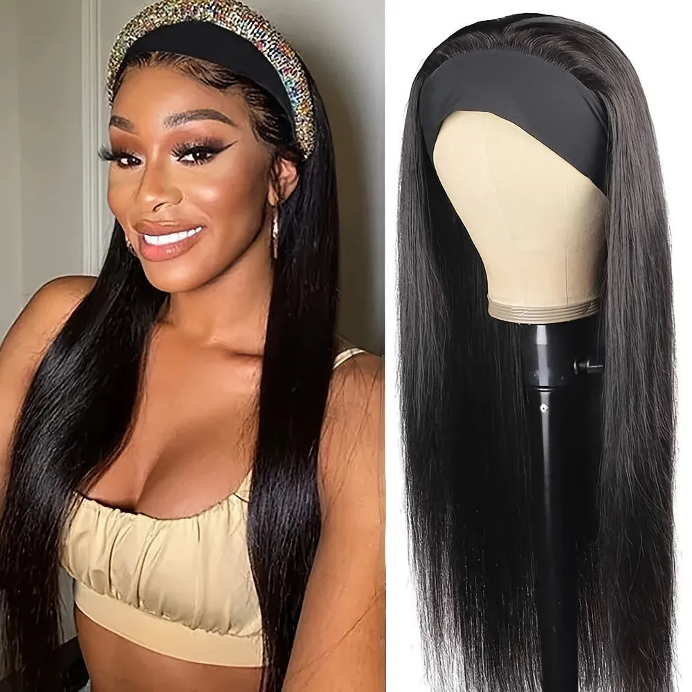 Headband wig with long synthetic hair in straight, curly and wine red colour options