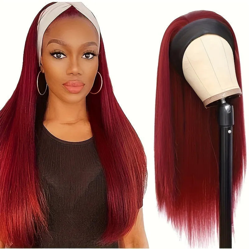 Headband wig with long synthetic hair in straight, curly and wine red colour options